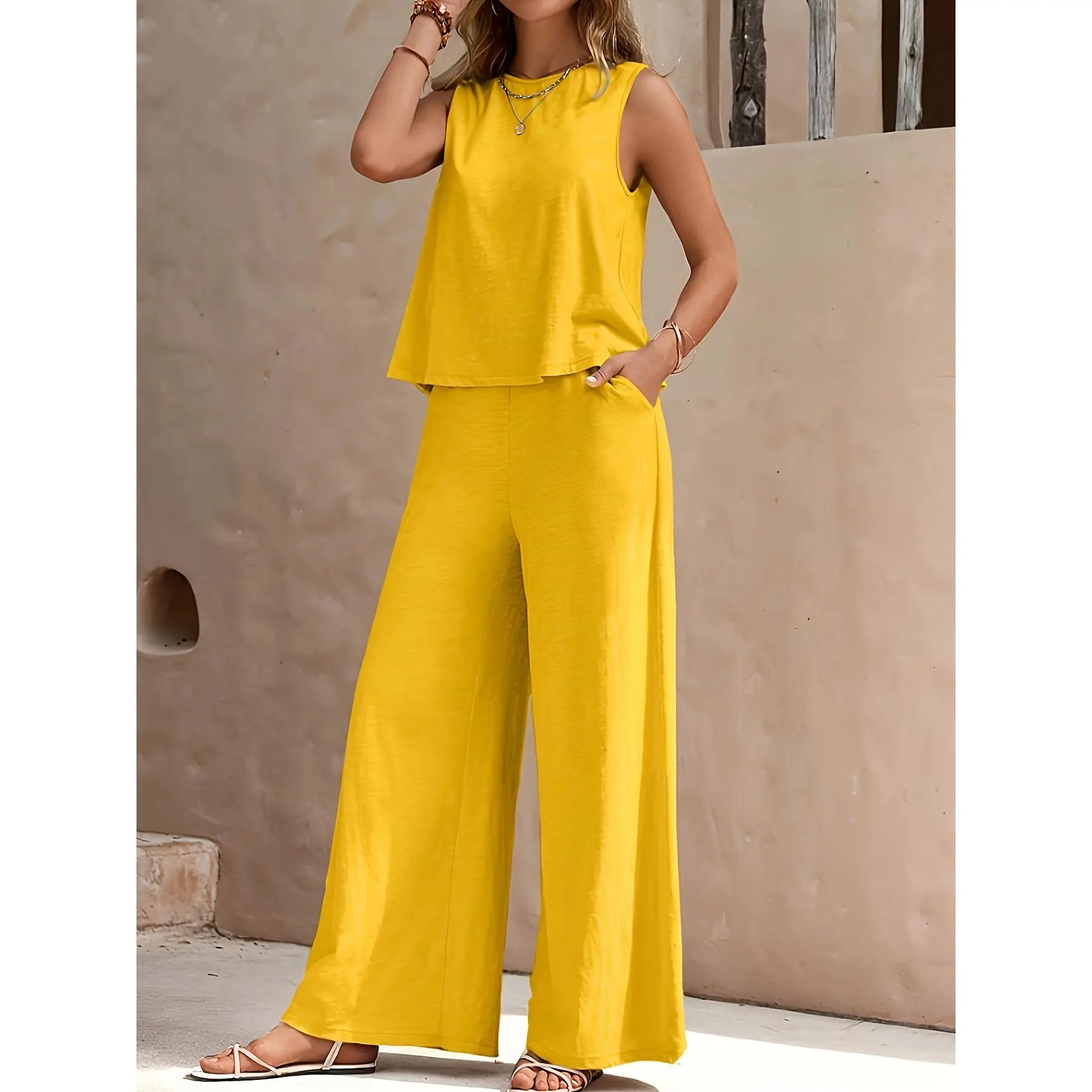 Solid Elegant Two-piece Set, Sleeveless Tank Top & Wide Leg Loose Pants Outfits, Women's Clothing