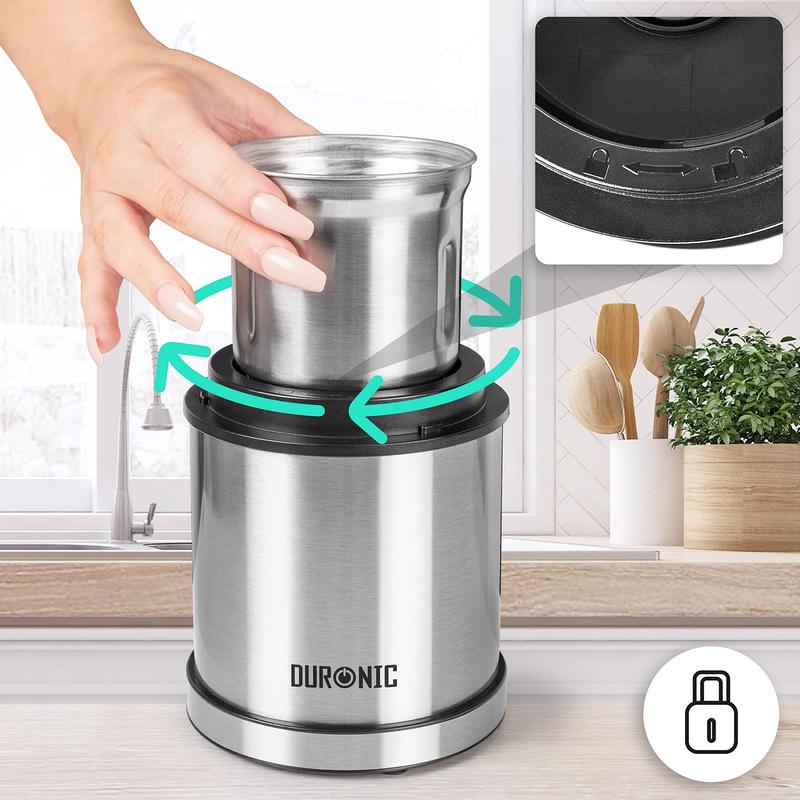 Duronic Electric Blade Coffee Grinder CG421, 2 in 1 Spice Grinder Kitchen Machine, Wet & Dry Grinding Mini Mill Hopper, 75g/220ml, 200W, 2x Stainless Steel Cups for Beans, Herbs, Nuts 5