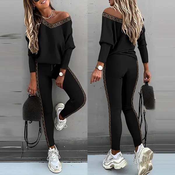 ChicMe Women's Geo Tape Patch Gigot Sleeve Top & Pants Set