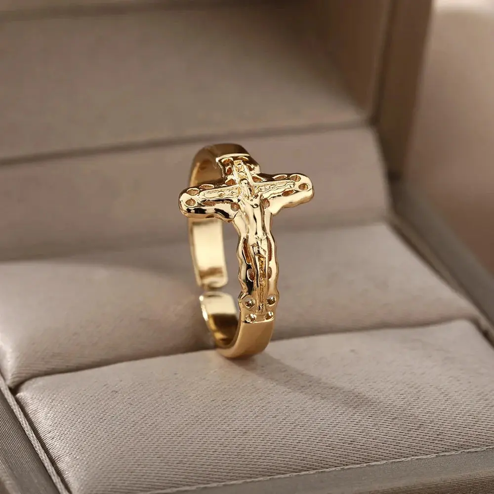 Jesus Christ Elegant Cross Ring – 18K Gold-Plated