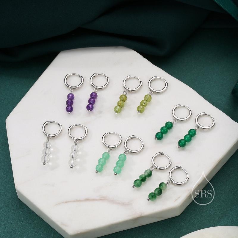 Genuine Green Chalcedony Stone Trio Huggie Hoop Earrings in Sterling Silver, Green Chalcedony Cluster Dangle Earrings, Three Stone Hoops 5