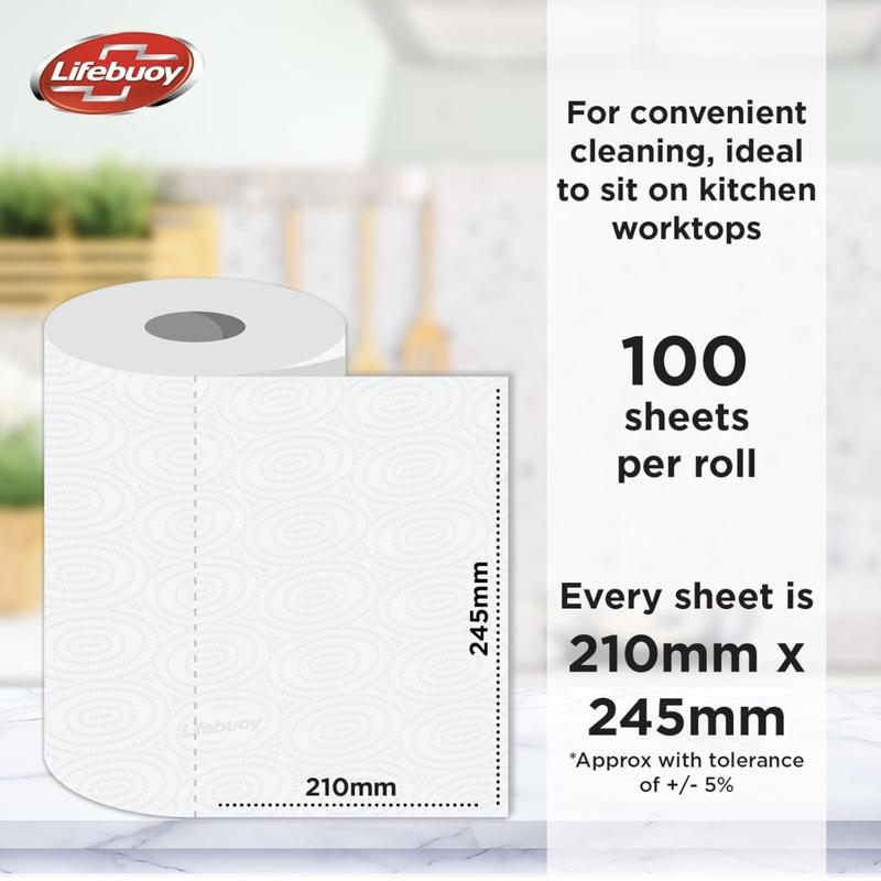 24 x Lifebuoy Super Strong Kitchen Roll - 100 Sheets (Per Roll)(2,400 SHEETS) - 6 Packs of 4 Rolls - 3PLY Layer Embossed Sheets for Absorbency - Strong & Durable - Cleaning Wipes 4