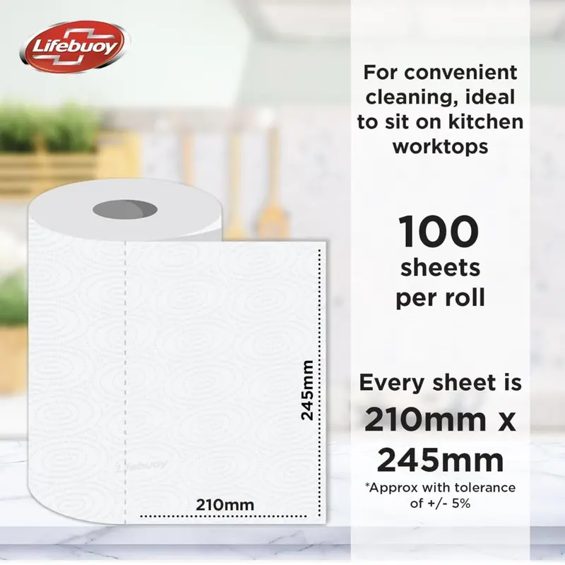 24 x Lifebuoy Super Strong Kitchen Roll - 100 Sheets (Per Roll)(2,400 SHEETS) - 6 Packs of 4 Rolls - 3PLY Layer Embossed Sheets for Absorbency - Strong & Durable - Cleaning Wipes 4