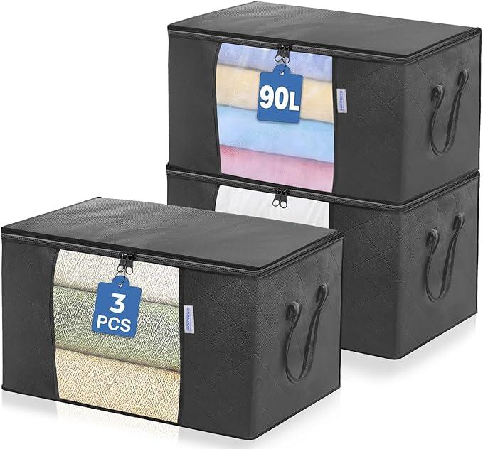 ACRALI HOME 90L Large Storage Bags with Zips- 3 Pack Foldable Clothes Storage Bag Organizer, Reinforced Handle and Transparent Window, Breathable Thick Fabric for Comforters, Blanket and Bedding- Grey Smooth Boxes Steel 6