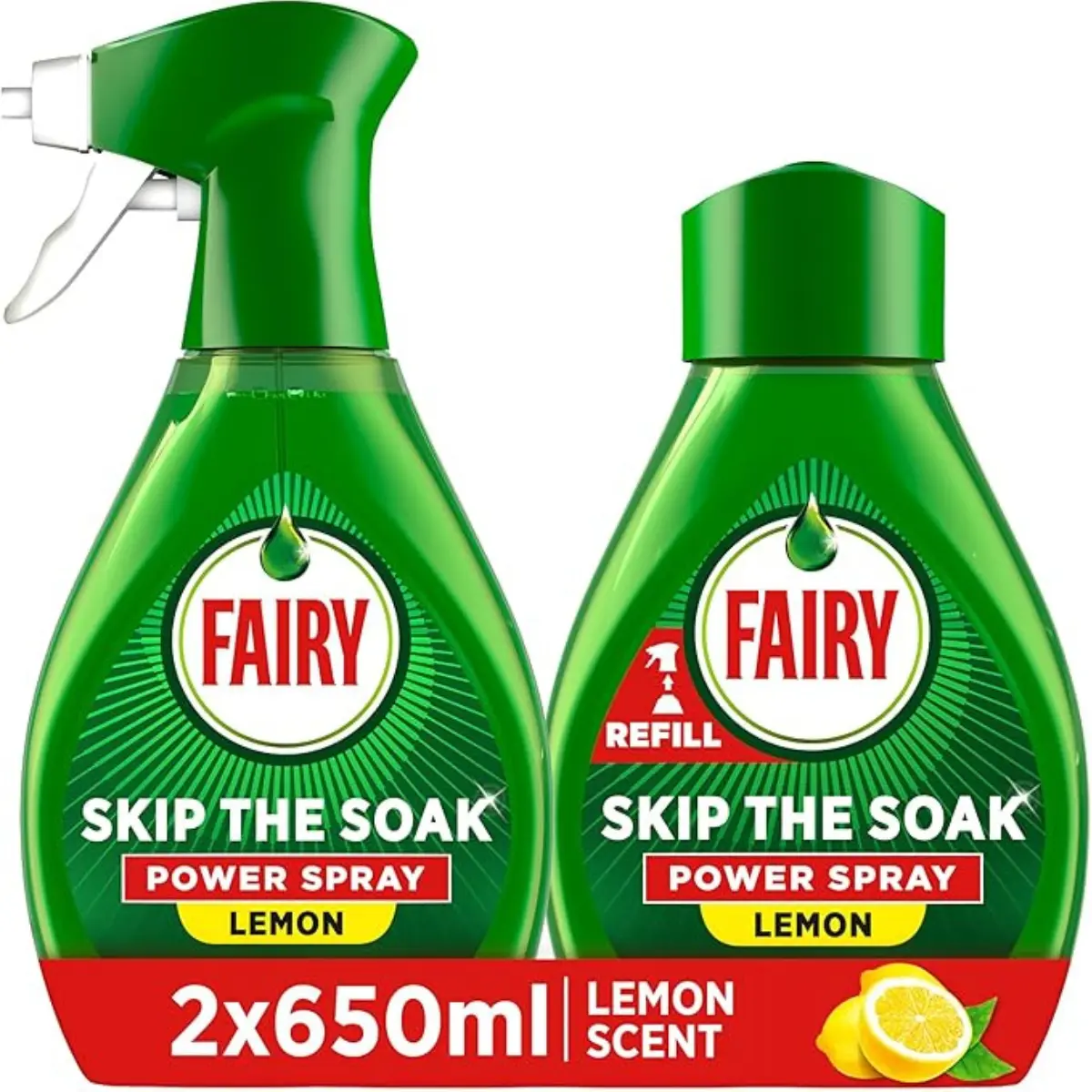 Fairy Skip the Soak Dish Power Spray + Refill Lemon 1300ml, Pre-Treatment Spray For Dishes & Kitchen