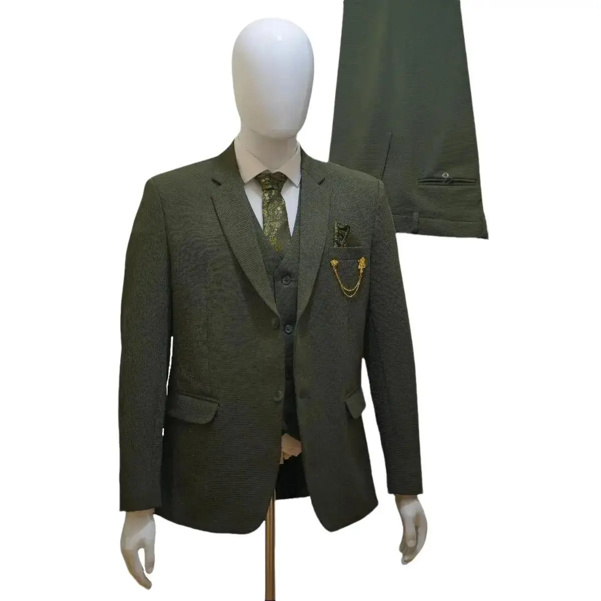 Ashton Khaki Green Men's 3 Piece Suit - Jacket, Waistcoat, Trousers, and Tie - Plain Formal Suit