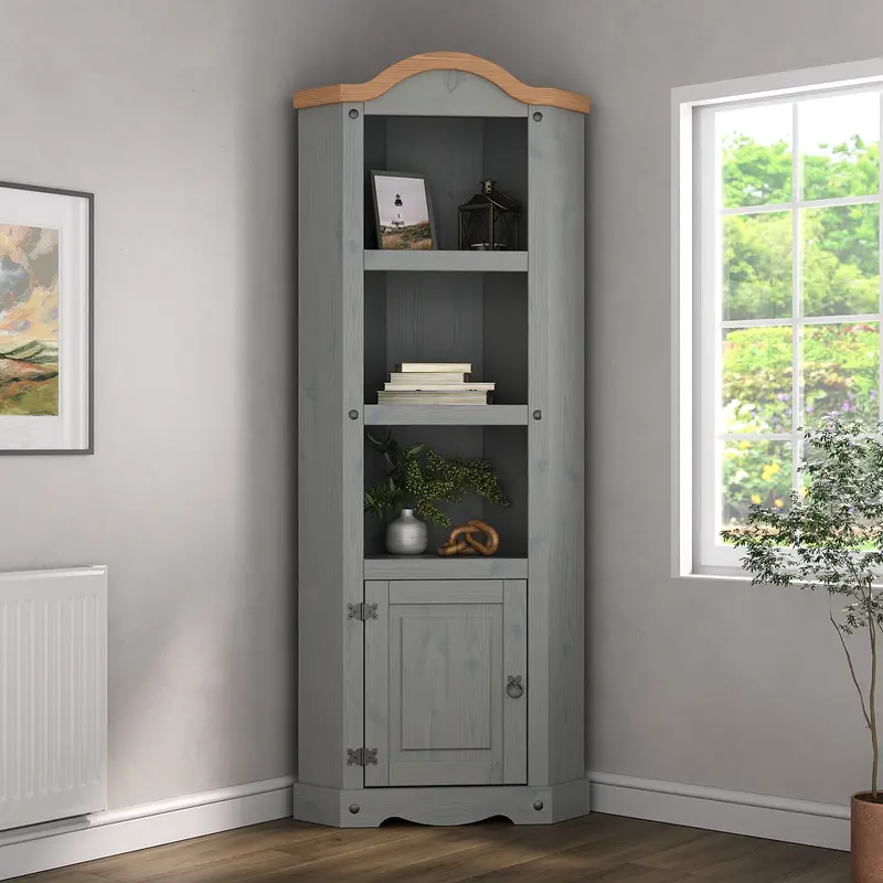 Corona Grey Corner Display Cabinet Bookcase Mexican Solid Pine Wood kitchencabinet 0