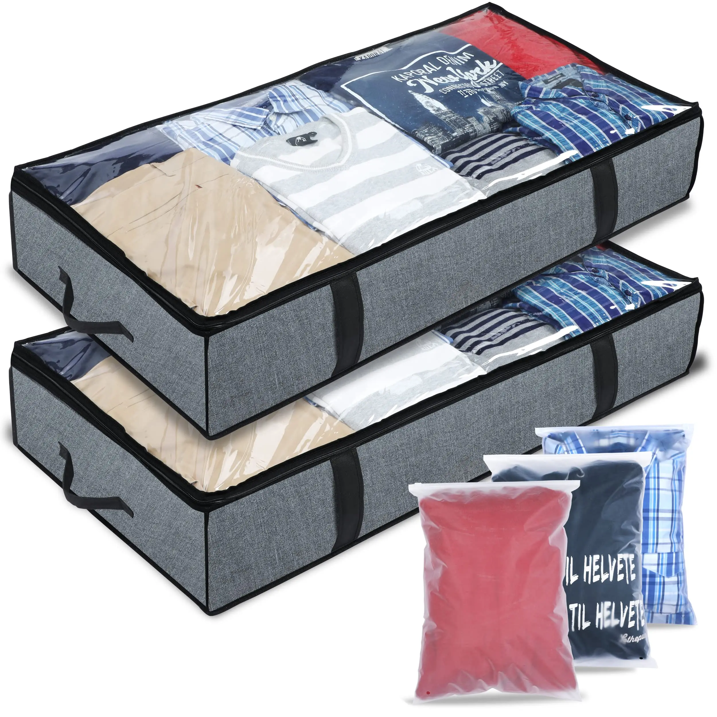 Underbed 90L  storage boxes- Pack of 2 Large under bed storage box with 3x Bonus Large Zip lock Bags- Clothes storage boxes with lid & PVC Window For Quilts, Blankets & Clothes Smooth Organiser storage  organizer bed  storage