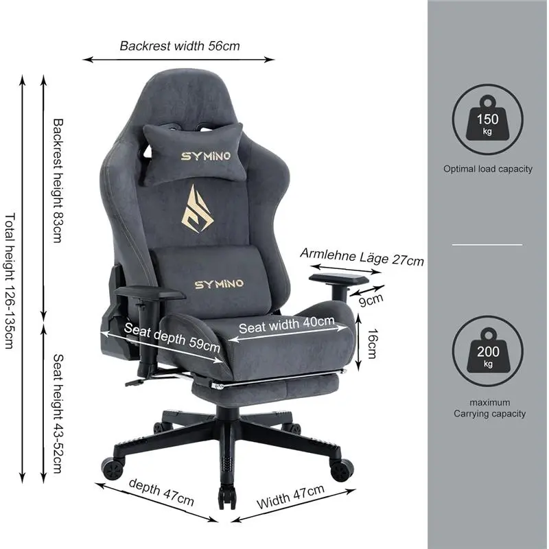 Gaming Chair, Computer Chair with Footrest, Headrest and Lumbar Support, Ergonomic PC Chair, Height Adjustable Rotating Task Chairs, Gray