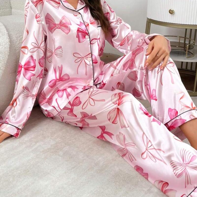 Bow-Knot Faux Silk Pajama Set with Shawl Collar and Long Sleeves for Women - Nightwear, Loungewear Womenswear Homewear Pjs Comfort Pyjamas Comfortable Soft Feminine Fit Floral Longsleeves 1