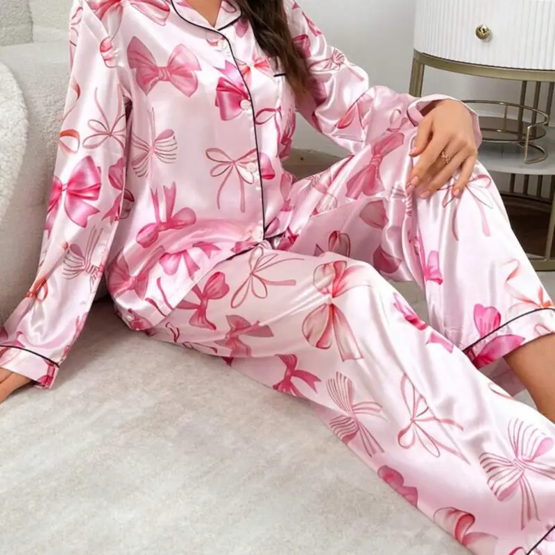 Bow-Knot Faux Silk Pajama Set with Shawl Collar and Long Sleeves for Women - Nightwear, Loungewear Womenswear Homewear Pjs Comfort Pyjamas Comfortable Soft Feminine Fit Floral Longsleeves 1