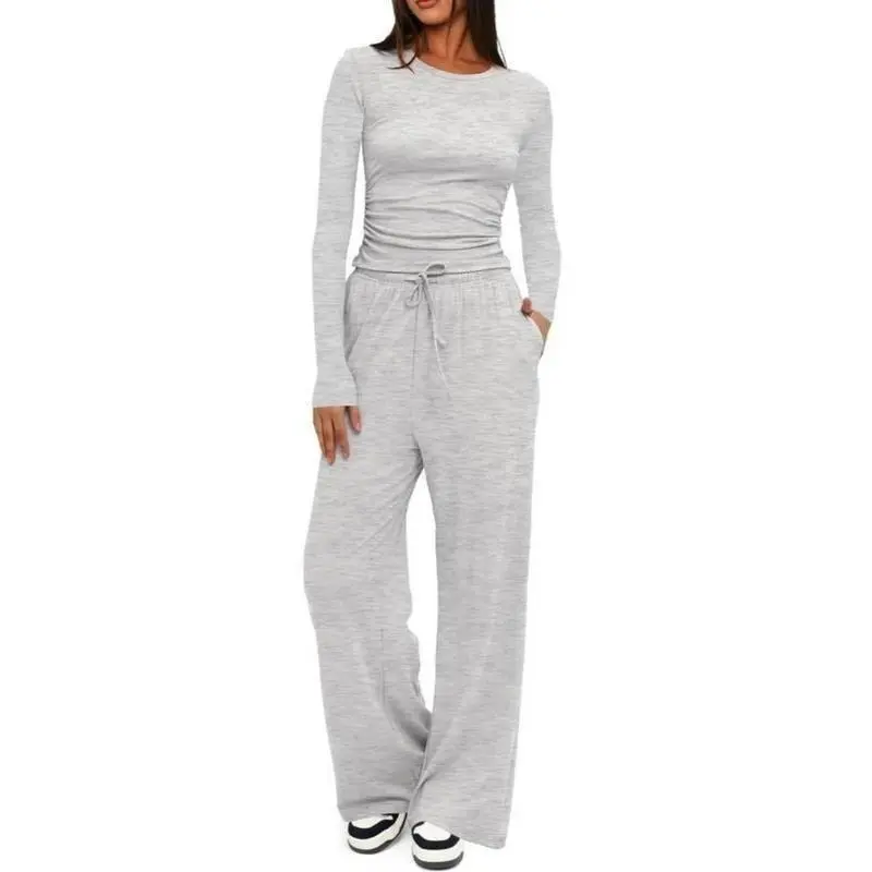 Two-piece Set Women's Solid Ruched Tee & Drawstring Pocket Pants Lounge Set, Casual Long Sleeve T-shirt & Elastic Waist Trousers, Ladies Sleepwear for All Seasons