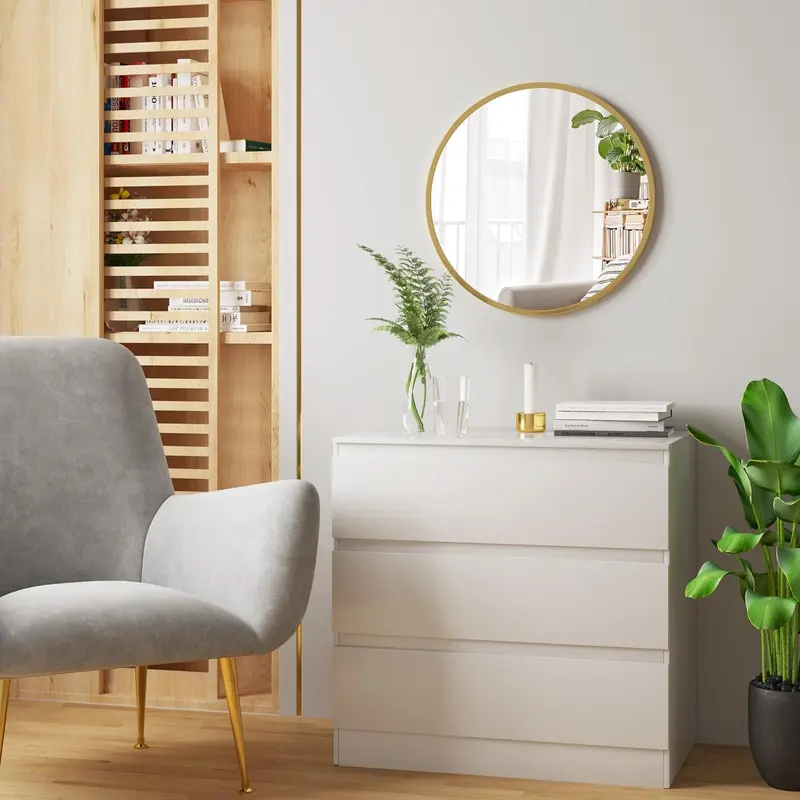 WOLTU Wall Mirror φ40/50/60 cm with Gloden Frame, Modern Round Hanging Mirror for Bathroom Bedroom Living Room Hallway, Wall Mounted Makeup Dressing Mirror, Made of Metal MDF Decor Circle Decorative Elegant 1