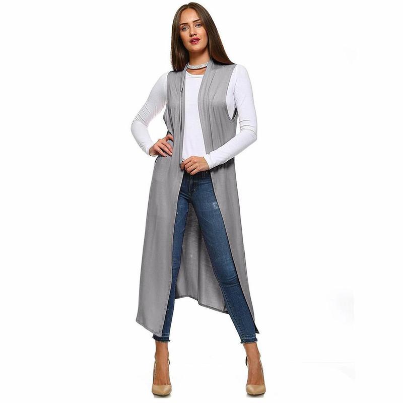 Womens Ladies Sleeveless Maxi Long Length Boyfriend Cardigan Collared Top Long Duster Jacket Coat Ladies Blazer Waistcoat Casual Light Womenswear Garment Party Soft Stretchy 2