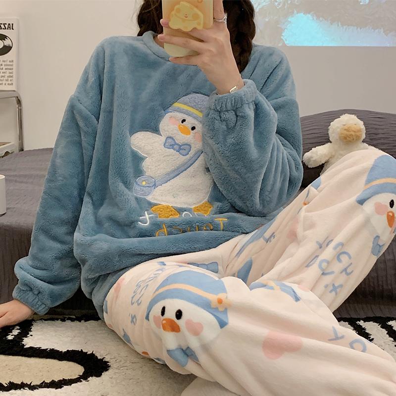 Autumn Winter Warm Flannel Women's Pajamas Set Long-sleeved Trousers Two-piece Set Cute Soft Home Wear Clothes for Women 0