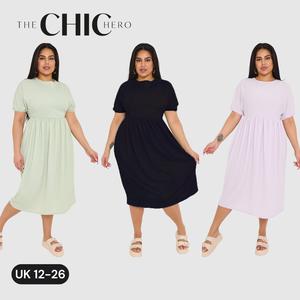 ChicHero Textured  Elasticated Waist Shortsleeve Skater Casual Dress With Tie Back Neck Fit Lightweight Polyester Womenswear Adjustable Piece Straps Style