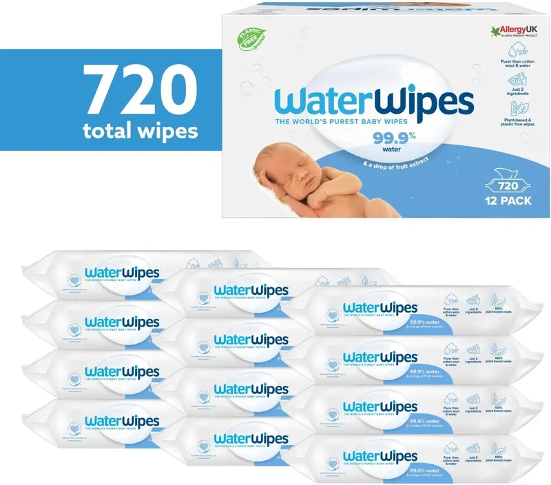 WaterWipes Plastic-Free Original Baby Wipes, 99.9% Water Based Wipes, Unscented for Sensitive Skin, 720 count (Pack of 12) 1