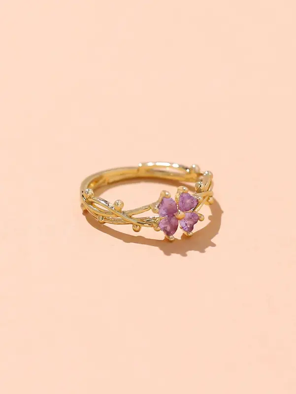 1pc Four-Leaf Clover Ring, Fashionable Minimalist Golden Copper Zirconia Clover Love Open Ring For Women, Suitable For Daily, Date, Party, Accessory 0
