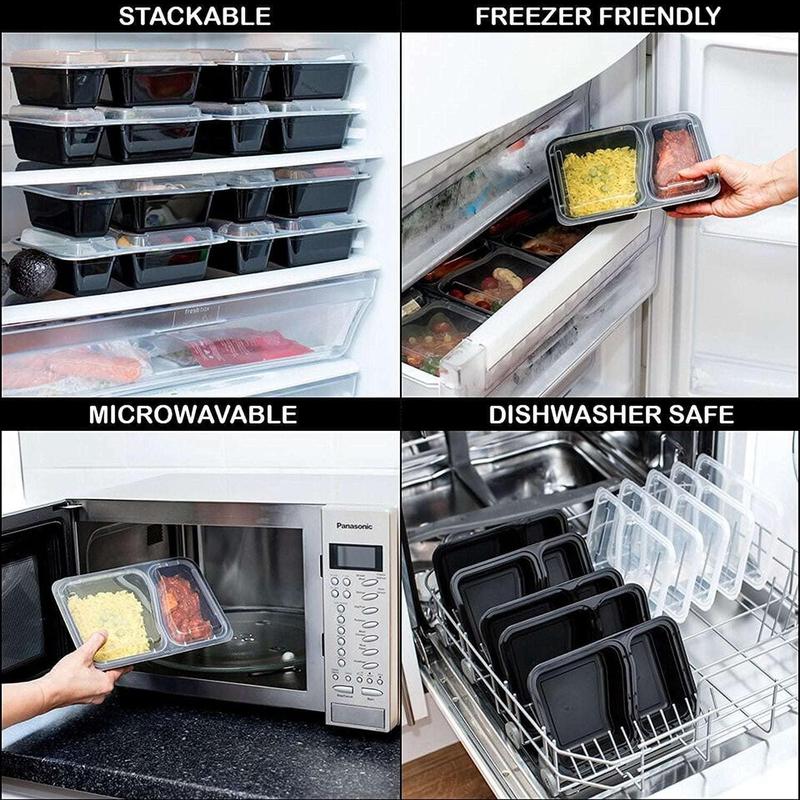 2 Compartment Plastic Meal Prep Containers - Reusable BPA Free Food Containers with Airtight Lids - Microwavable, Freezer and Dishwasher Safe Kitchen Thick Utensils Storage Food Storage 2