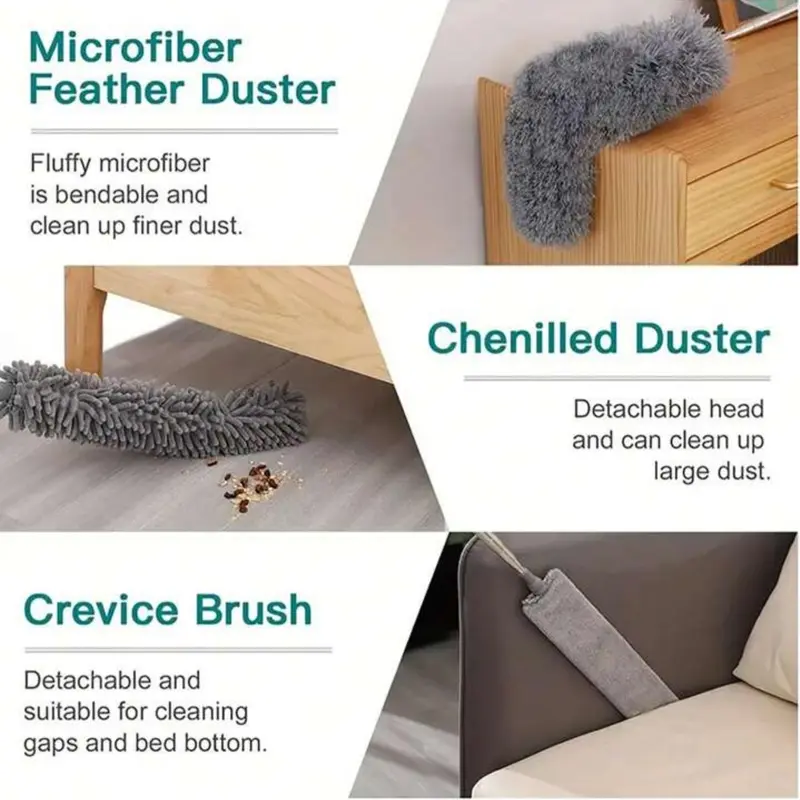 4 Pcs Set Household Dusting Cleaning Kit With Extendable Adjustable Telescoping Pole And 3 Microfiber Duster and Cleaning Head For Floor, Ceiling, Bedroom, Sofa Back And Furniture Cleaning. 2