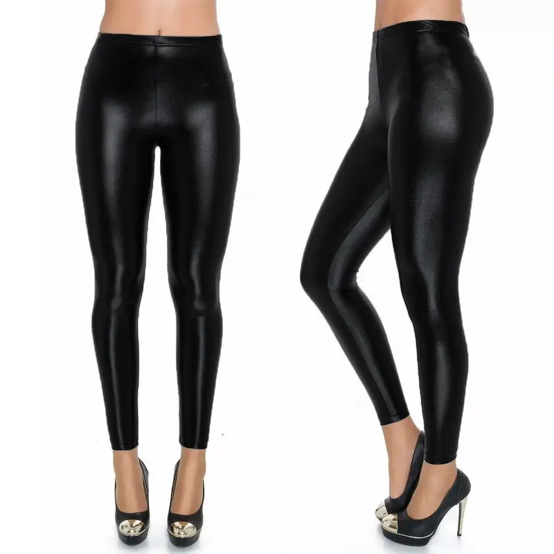 Womens Stretchy Full Length PVC Wet Look Elasticated Waist Legging Pants Ladies Sexy Faux Leather Shiny Party Wear Skinny Fit Trouser Leggings 8