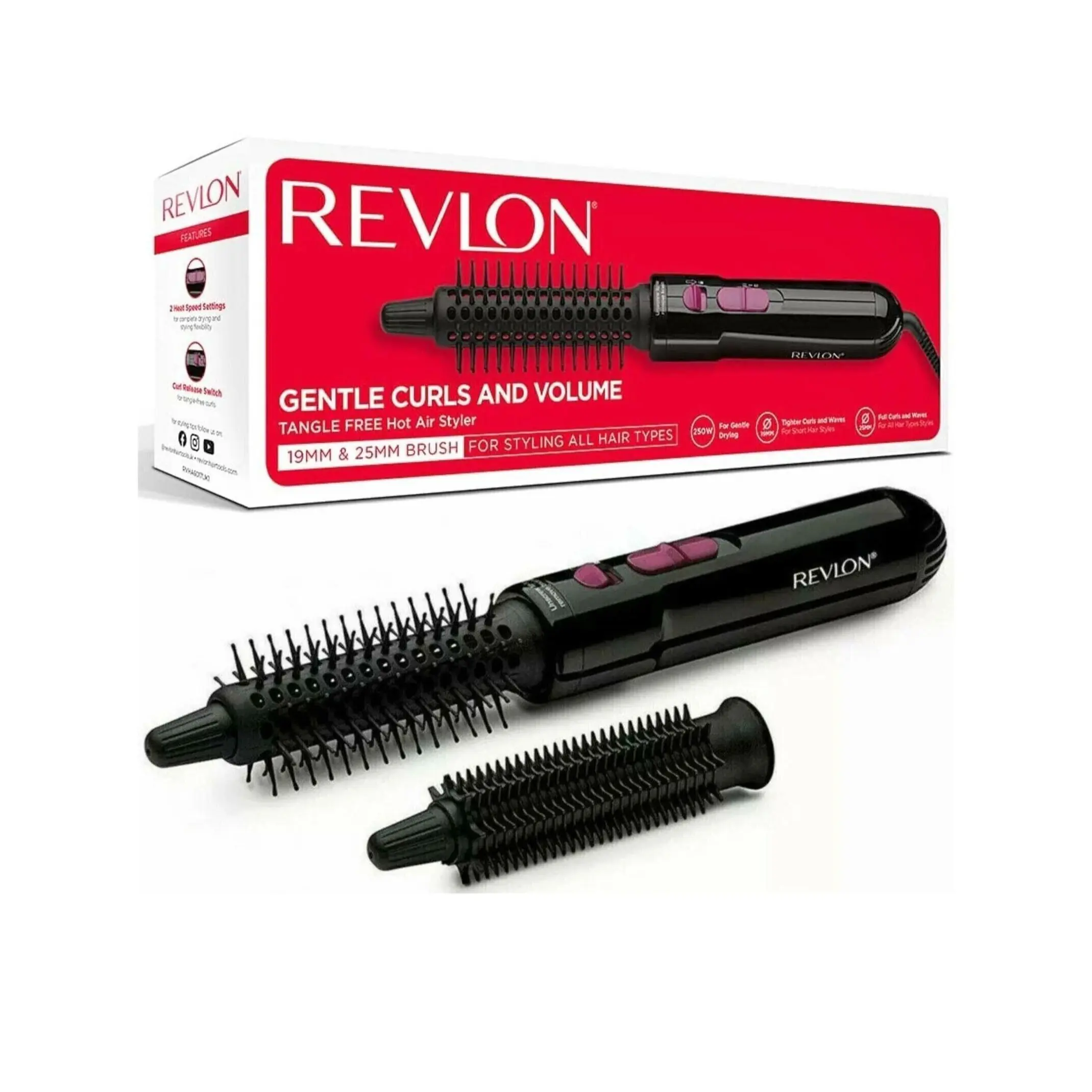 [50% Off] REVLON Hot Air Styler Drying Styling Curling Tangle Free Hot Air Brush Curler Black Ladies - 19mm & 25mm Brush Attachment - RVHA6017UK Comfort