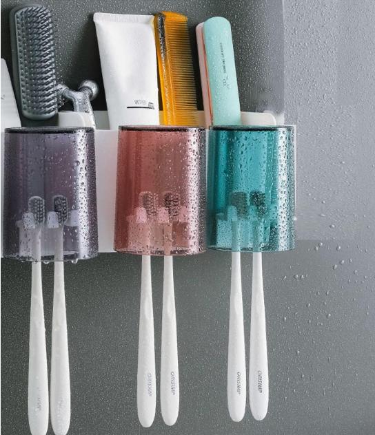Toothbrush Holder Wall Mounted, Adhesive Toothbrush Holders, Multifunctional Bathroom Toothbrush Holder with 4 Cups and 4 Toothbrush Slots can Hold 8 Toothbrushs 2