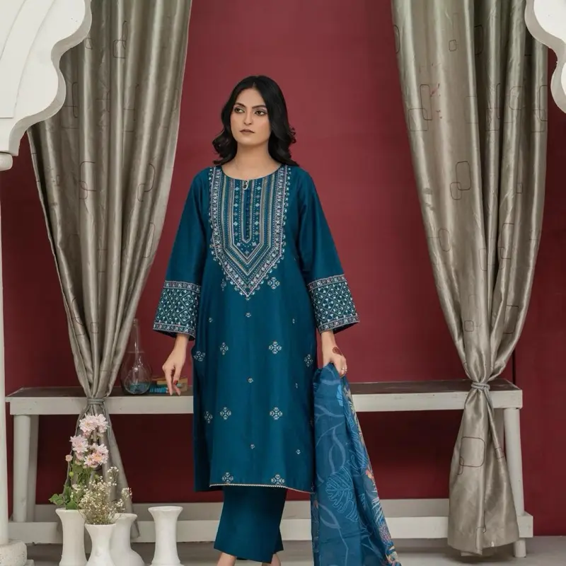 Premium 3 Piece Loose Fitting Cotton Suit Ready Made Eid Collection 4 Colours Indian Pakistani Dress Comfort Traditional Asian Clothing Loose Fitting Outfit Womenswear Comfortable Soft Kurta Breathable Style  embroidered stitched suits clothes 1