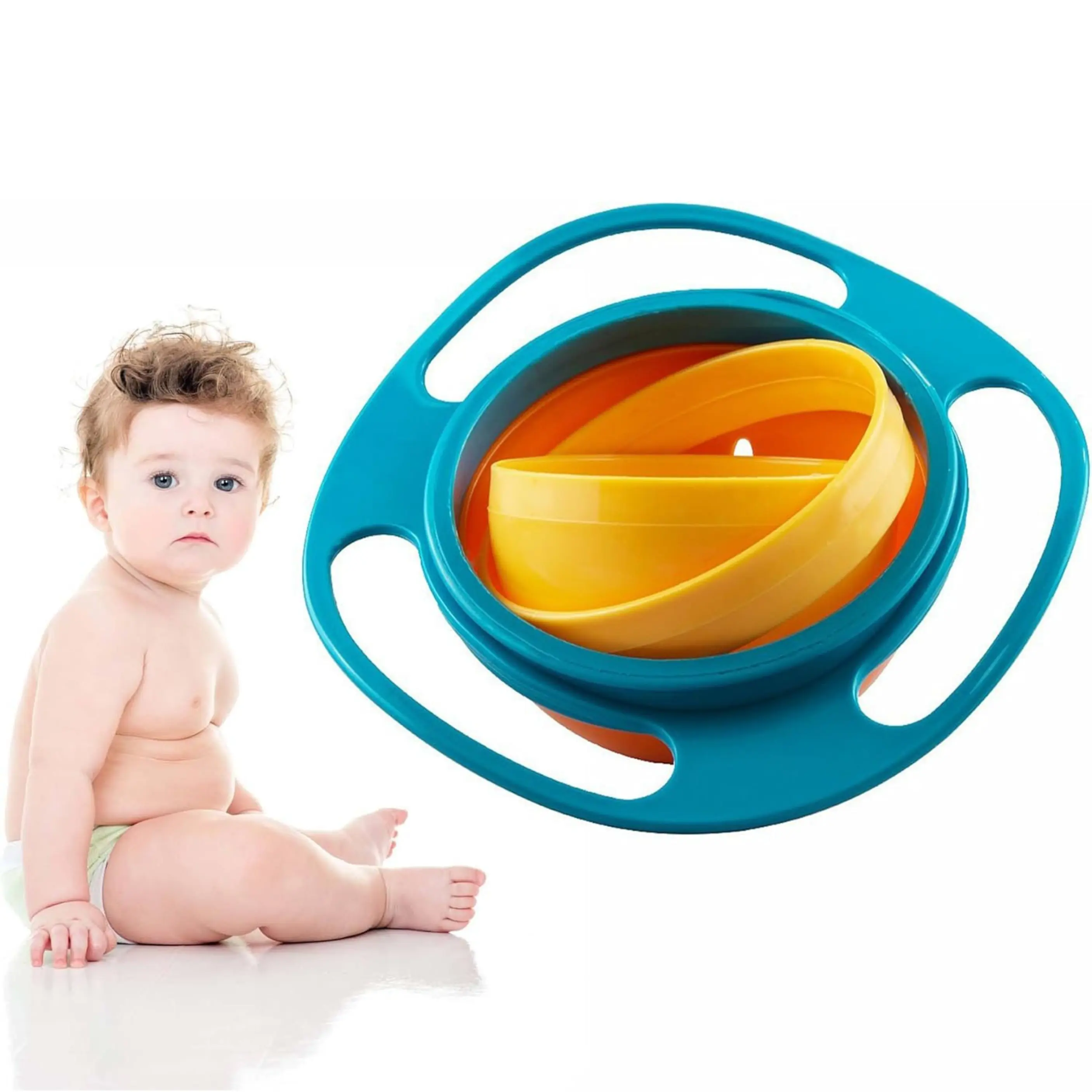 360° Rotating Spill-Proof Baby Bowl – Fun & Mess-Free Gyro Training Tableware with Lid – Blue & Orange