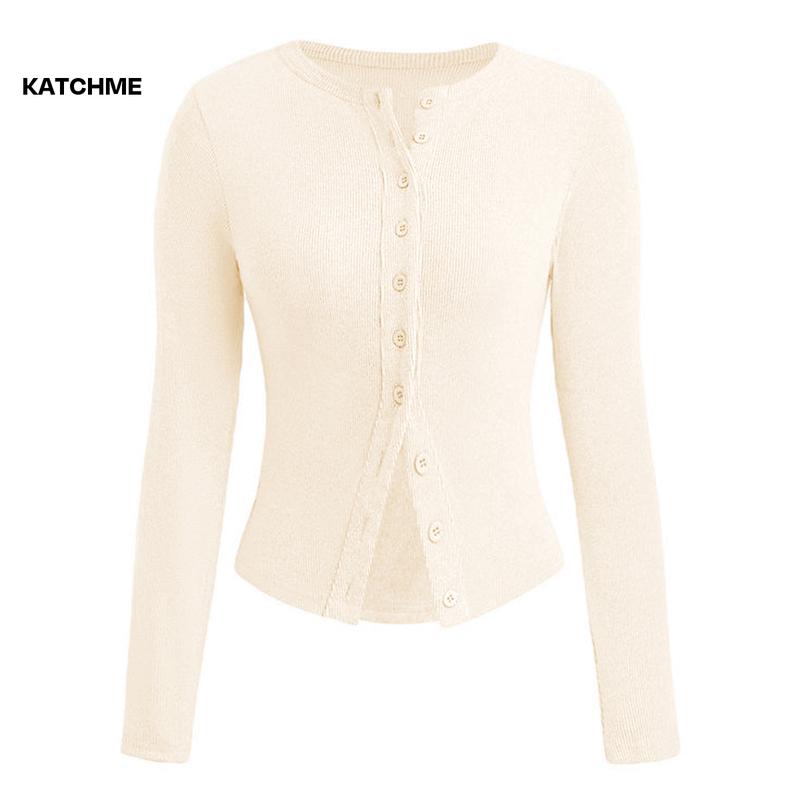KatchMe Women's Versatile Solid Color Knit Button-Up Long Sleeve Slim Top,Lady Slim-Fitting Top for Daily Holiday Wear,Fall & Winter Crewneck Knitwear 5