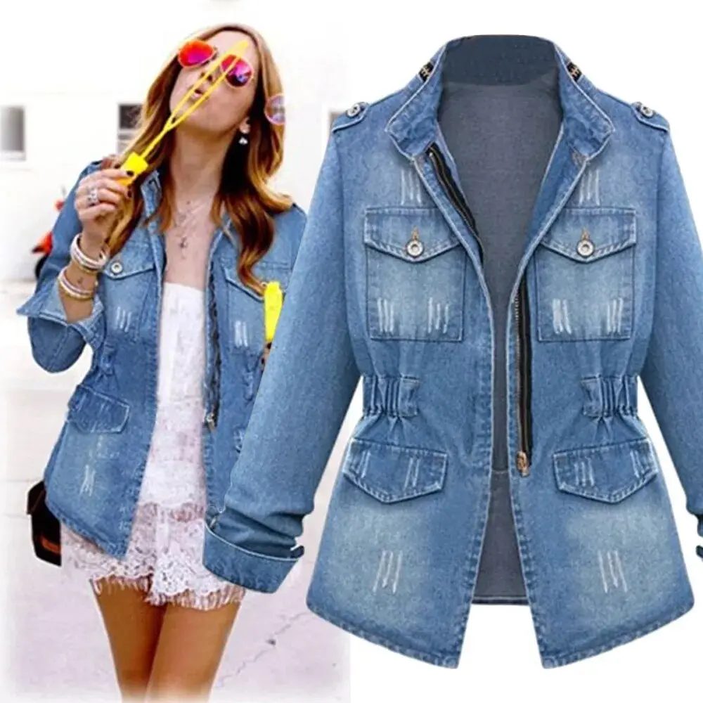 Womens Denim Autumn Winter Streetwear Zipper Waist Tunic