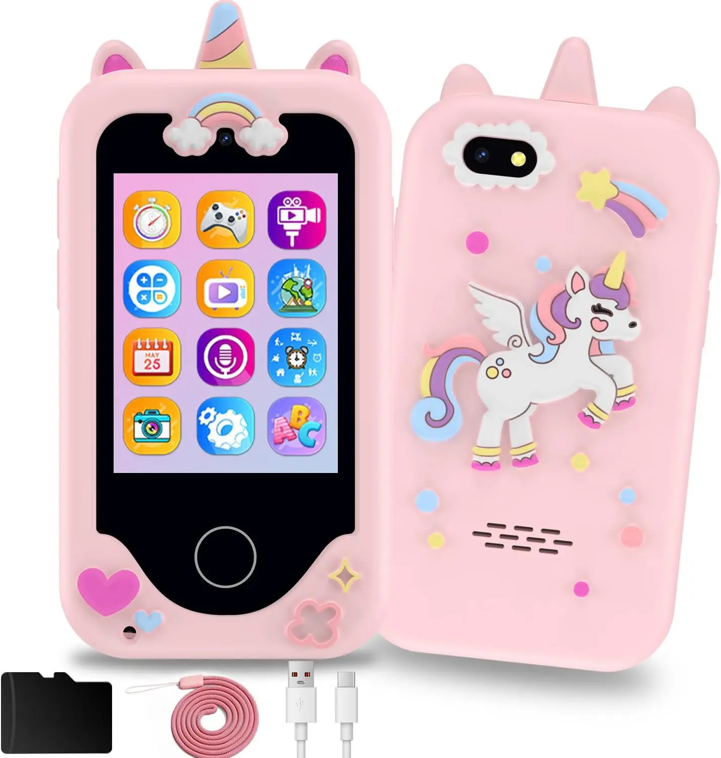 Cute Unicorn Design Kids Phone Toy for Girls Boys, Unicorn Design Smart Phone Toy, Educational Learning Toy with 17 Puzzle Games Camera Games Music Torch Function, Birthday Gifts for 3 4 5 6 7 8 9 Year Old Girls Boys