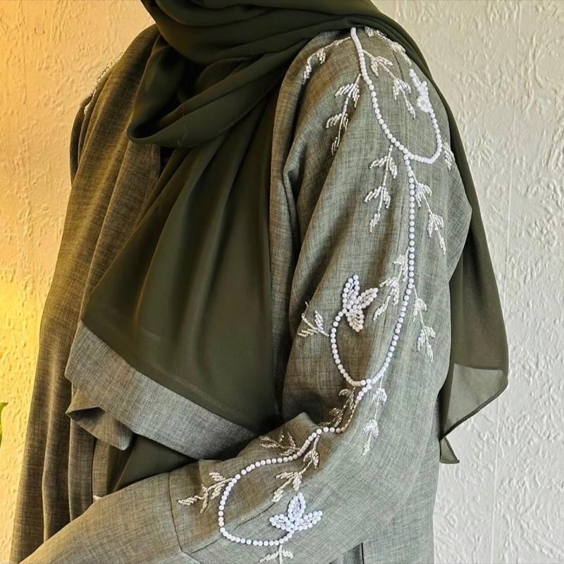 Linen embellished green abaya 4