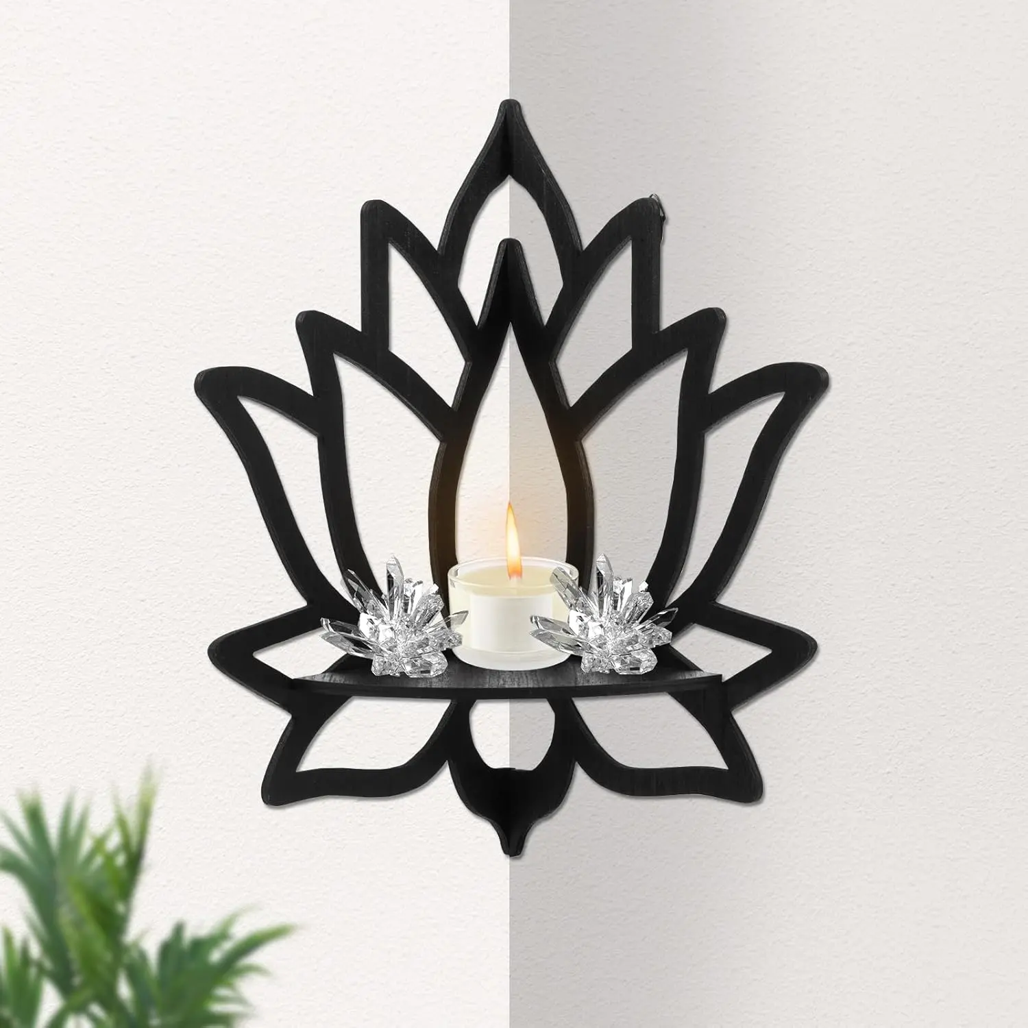 Water Lily Flower Shapes Corner Shelf, Wooden Floating Corner Shelves, Black Wall Mounted Display Corner Shelf, Decorative Water Lily Floating Corner Rack for Bedrooms Offices Living Room