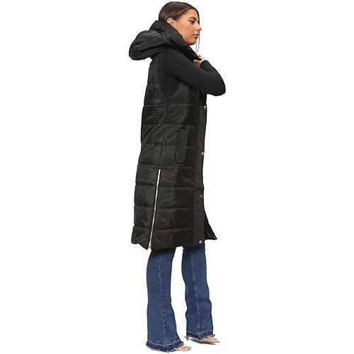 Womens Sleeveless Padded Puffer Gilet Jacket Ladies Hooded Zip Up Front Pocket Side Split Long Line Body Warmer Long Vest 3
