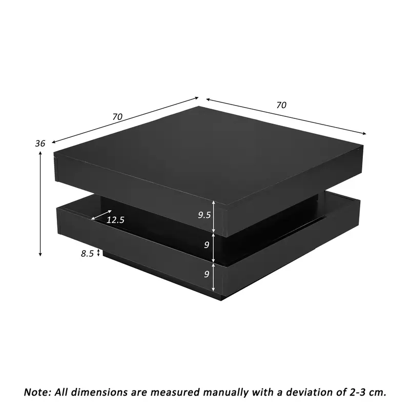 BTM Luxury Modern Furniture  70x70x36 cm Black Square High Gloss Coffee Table with 360° Rotating Top, Tea Table with 16-Color LED light 8