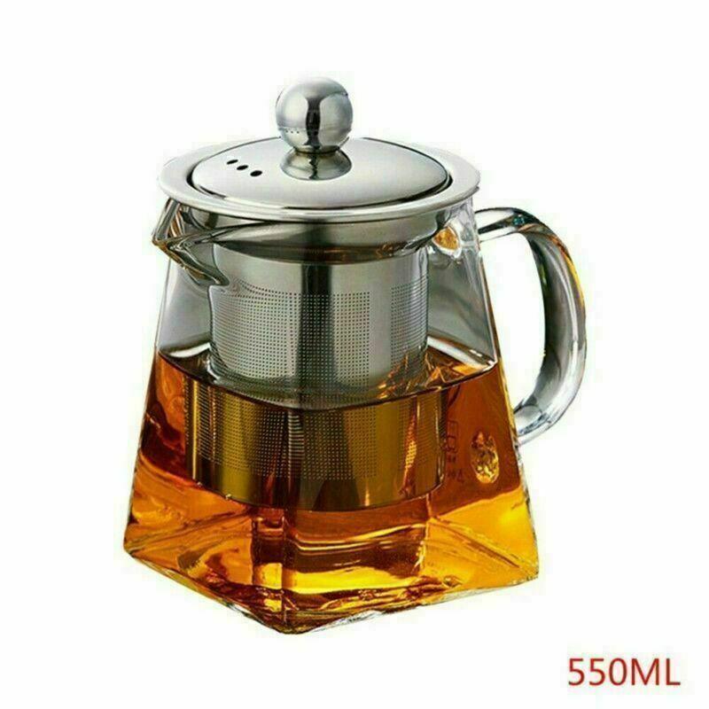 Square Glass Teapot with Infuser with Lid 350 ml, 550 ml, 750 ml - Borosilicate Tea Pot for Loose Tea, Clear Leaf Herbal Teapot with Strainer for Microwavable and Stovetop Safe - Transparent, Clear Steel Filter Teacup 5