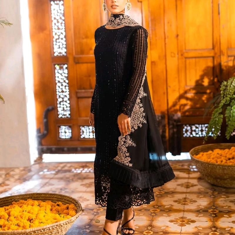Elegant Black Womens Shirt Dress with Heavy Embroidery and Pure Chiffon Duppata and Trouser Comfort Fabric Traditional Clothing Original Womenswear 3
