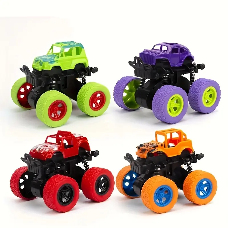 Monster Truck Playset - Set of 4 Inertia-Driven Vehicles, 360° Stunt Rotation Off-Road Toys, Durable Impact-Resistant, Dual-Direction Friction Powered Trucks for Kids, Perfect for Birthday and Halloween Gifts - Suitable for Ages 3-6 Years 0