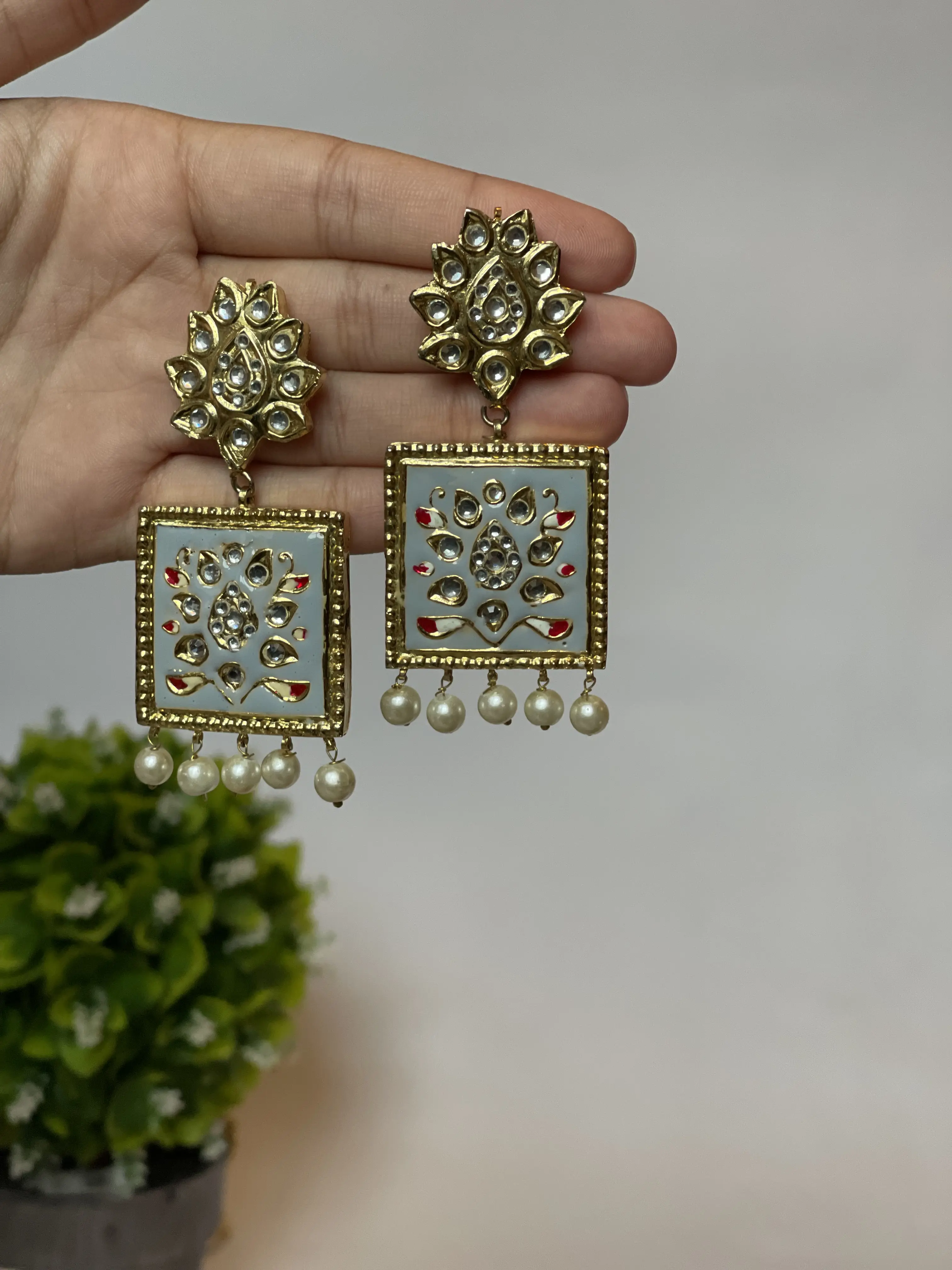 Hand Painted Square Earrings - Old Bollywood