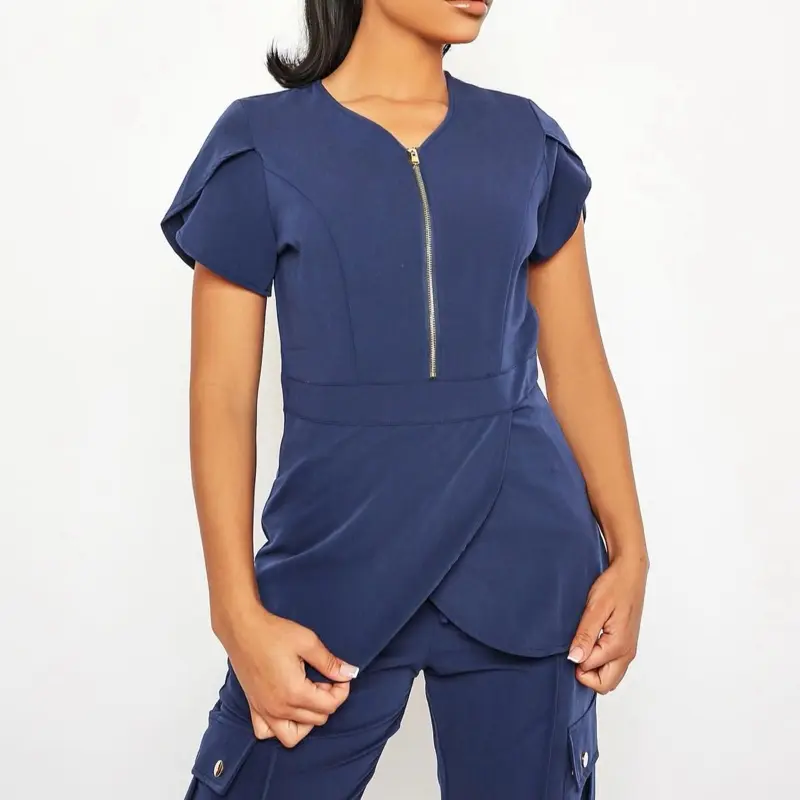Navy Peplum Scrub Set for Women - Cosmetics Skin Care Workwear Comfort Clothing - Uniforms, Minimalist, Shortsleeve, Basic, Womenswear 1