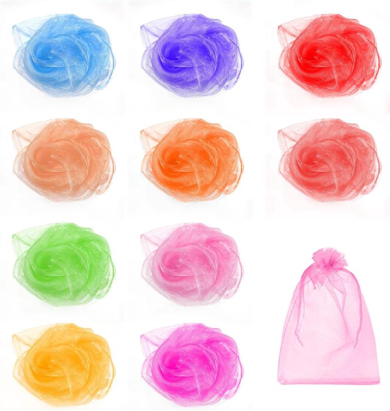 Product Introduction of 10PCS Dance Scarves and 1 Storage bag, children's dance juggling scarf, multicolor square juggling scarf, performance props accessories, 60 x 60 cm, for stage performance costume matching 0