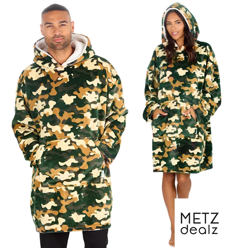 Adults Camouflage Khaki CamoPrinted Oversized Fleece Hoodies Mens Ladies Womens Unisex Blanket Hoodie Maxi Menswear Pullover Thermal Warm Hooded Winter Jumper Festive Print One Size Red Wearable Blanket Snuggle Hoodies for Him UK Sweaters Tops 0