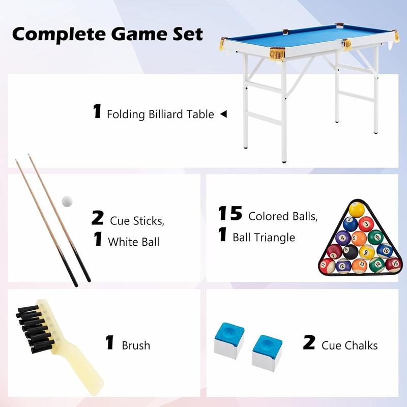 COSTWAY 4FT Billiards Table, Folding Game Pool Table with 16 Balls, 2 Cues, 2 Chalks, Triangle Rack and Brush, Portable Snooker Table Game Set for Home Party Gathering 2