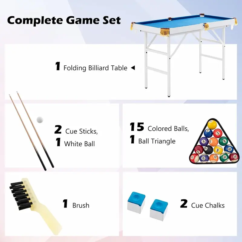 COSTWAY 4FT Billiards Table, Folding Game Pool Table with 16 Balls, 2 Cues, 2 Chalks, Triangle Rack and Brush, Portable Snooker Table Game Set for Home Party Gathering 2