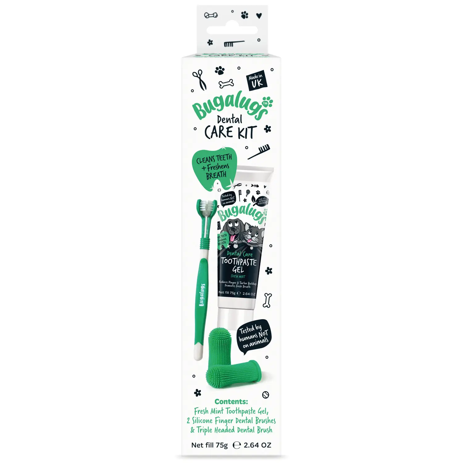 Bugalugs Dental Care Kit (Toothpaste Gel, Triple Headed & Finger Toothbrush) for Dogs & Cats