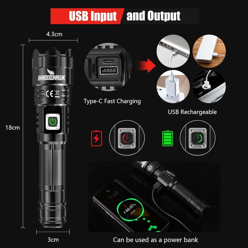 Torches LED Super Bright, 30000 Lumens Rechargeable LED Torch, USB Tactical Flashlight, XHP70.2, IP67 Waterproof, 5 Light Modes Zoomable, for Camping Hiking Emergency [Energy Class A+++] 1
