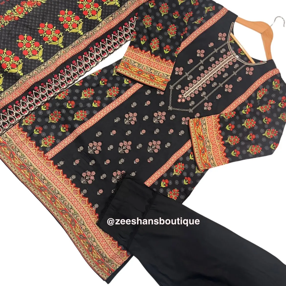 Black floral linen 3pc Suit BK108