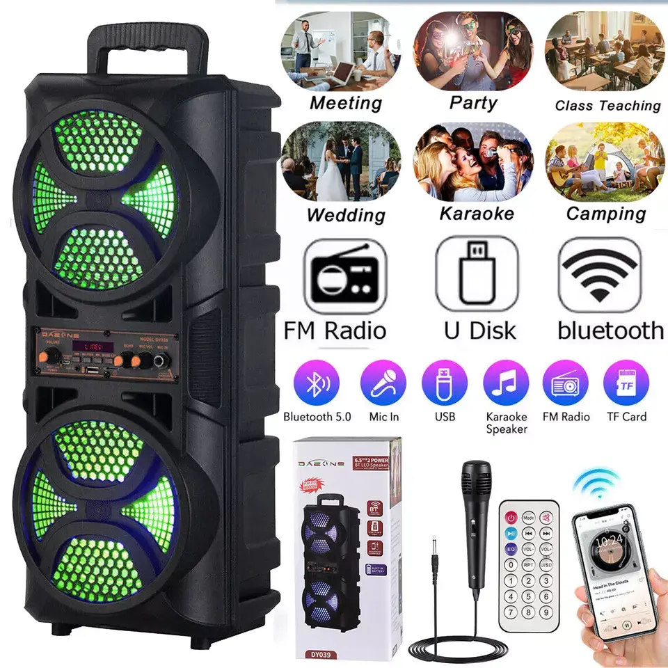 300W/8.5" Bluetooth Portable  Party Speaker Subwoofer Heavy Bass Sound System 6.5" Audio Colorful Karaoke Rechargeable Stereo Wireless Microphone stem player