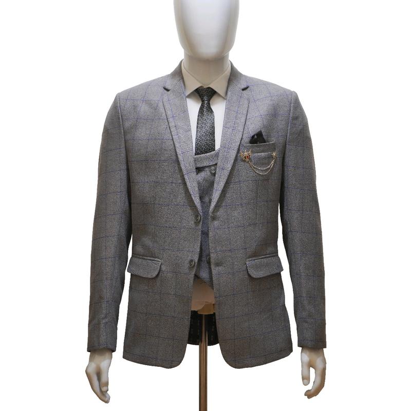 Men's Tweed Grey Check 3 Piece Suit - Wool Jacket, Waistcoat, Trousers & Tie 7